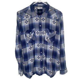American Eagle Outfitters Snap Button Shirt Womens L Boyfriend Fit Plaid Blue We